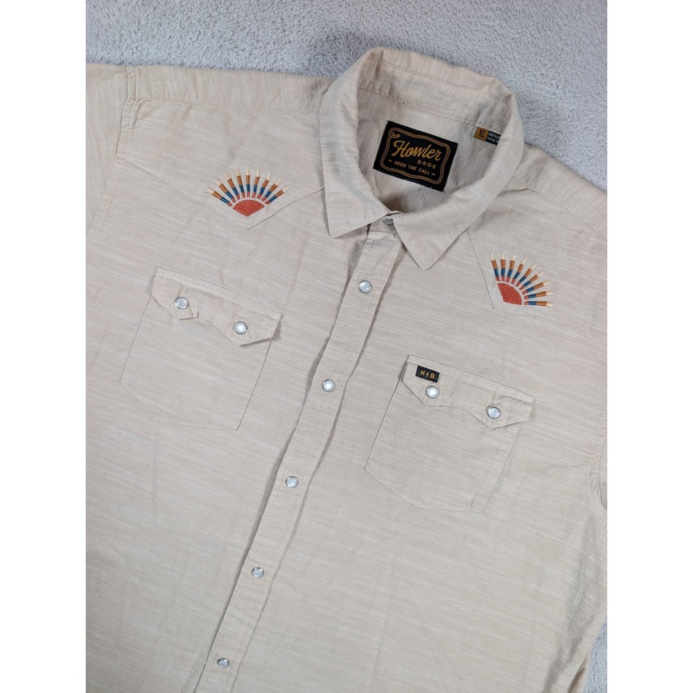 Howler Brothers Gaucho Snapshirt Mens XL Tan Western Pearl Snap Short Sleeve